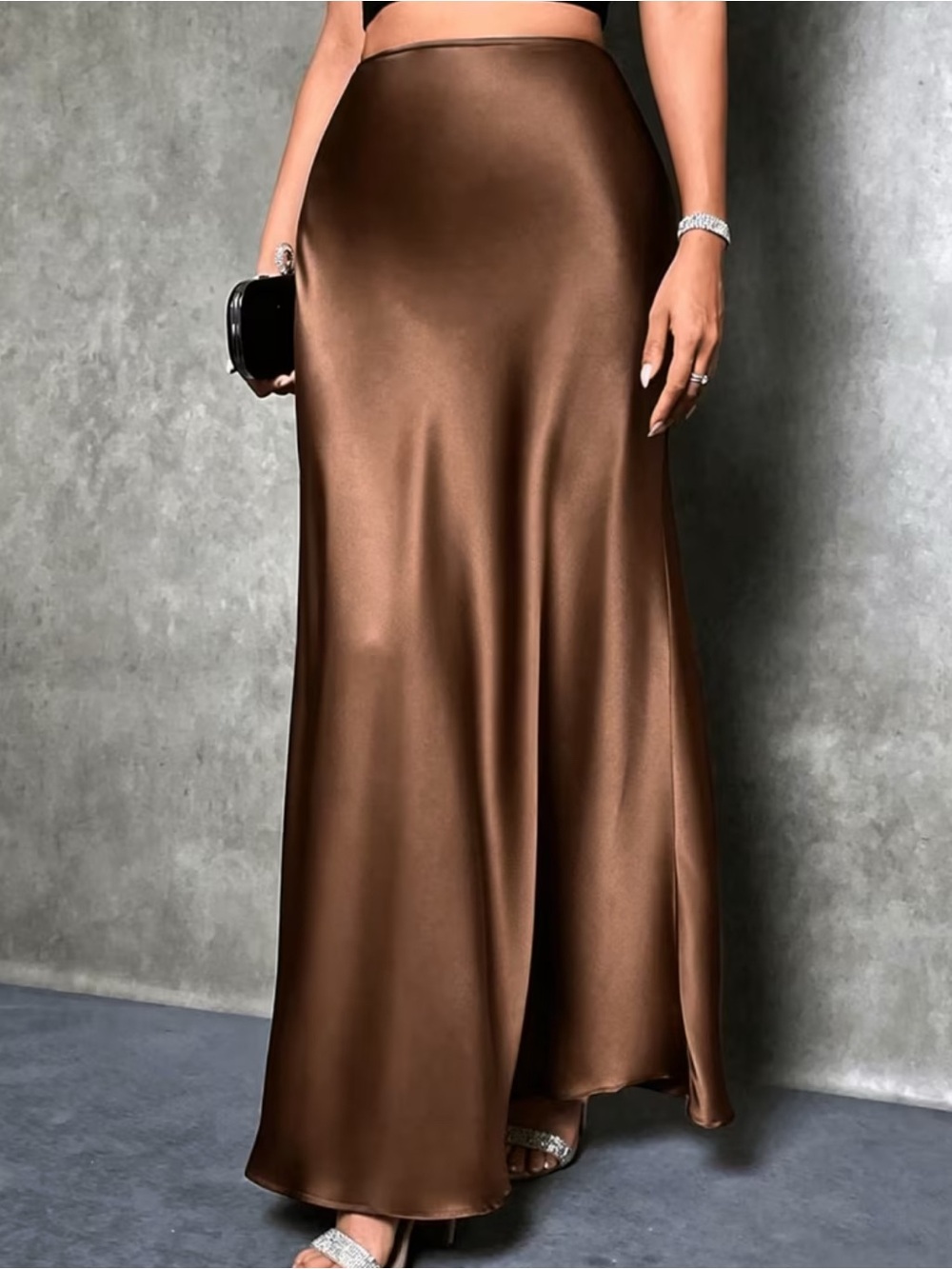Sleek Brown Satin Maxi Skirt - Picture 6 of 7